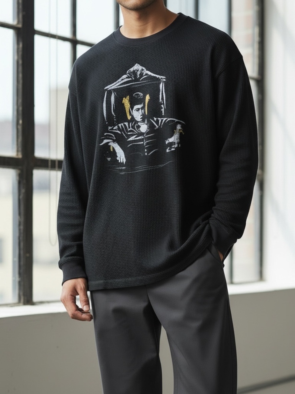Black Graphic Long-Sleeve Thermal Shirt - Scarface Throne Design
